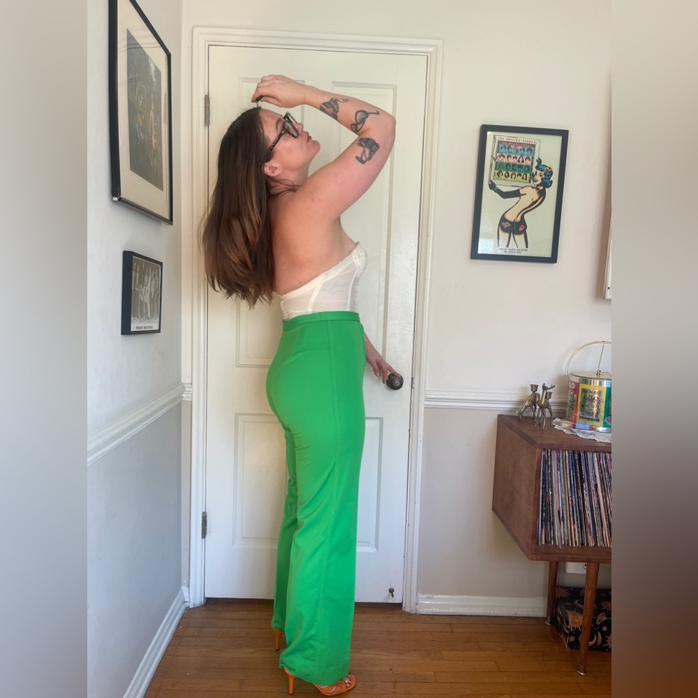 70s Vintage Lime Green High Waisted Double Knit Poly Pants - Picture 2 of 6